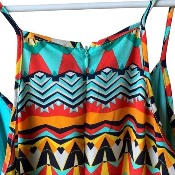 Pink Owl Mini Dress Size Large Southwest Aztec Ruffle Tunic Front Geometric - Picture 4 of 9